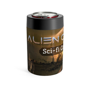A can or bottle holder with Alien Country scifi country rock design - a dirt road leading to a futuristic city framed by a large alien moon rising on the horizon. A wooden road sign on the right reads Alien Country, a seguaro cactus on the left side of the road.