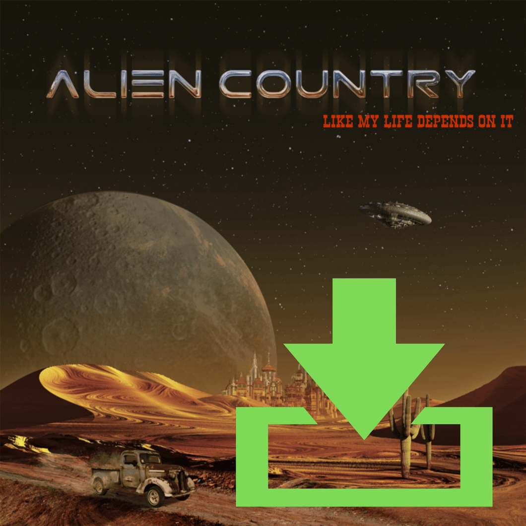 a red planet with sand dunes futuristic city on the horizon with alien moon and flying saucer high above. An antique pickup truck from Earth is driving along a dirt road which leads to the city. Artwork designed for Liam Marcus by the famous Hugh Syme. Scifi country rock, southern rock.