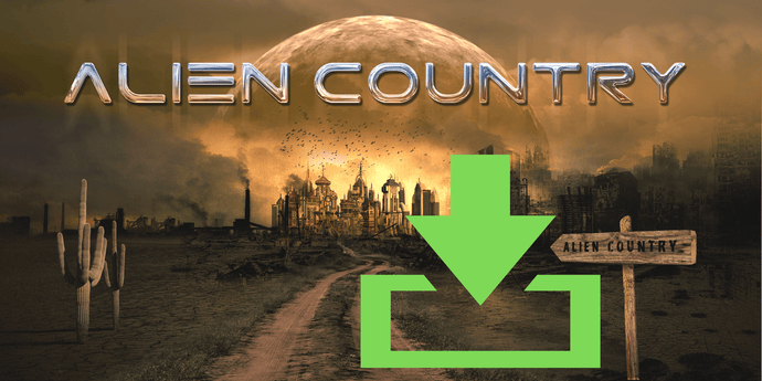 a dirt road leading to a futuristic city framed by a large alien moon rising on the horizon. A wooden road sign on the right reads Alien Country, a seguaro cactus on the left side of the road. Artwork designed for Liam Marcus by the famous Hugh Syme. Scifi country rock, southern rock.